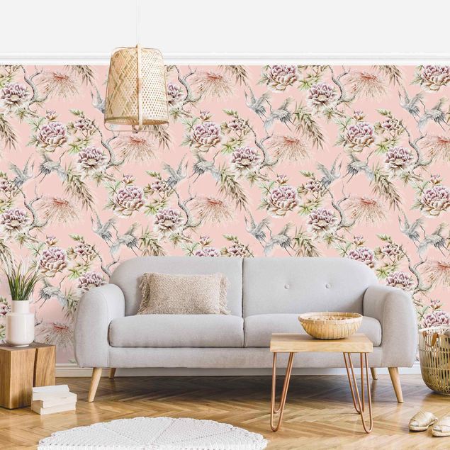 Wallpapers Watercolour Birds With Large Flowers In Front Of Pink