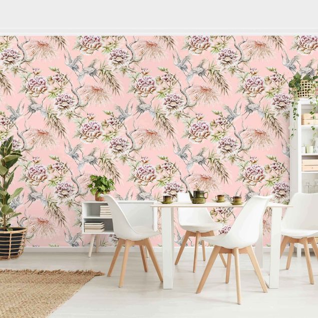 Wallpaper - Watercolour Birds With Large Flowers In Front Of Pink