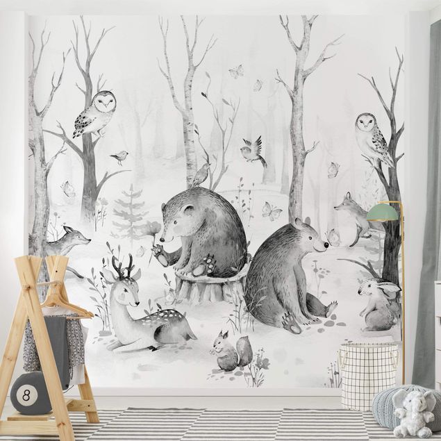 Wallpapers Watercolour Forest Animal Friends Black And White