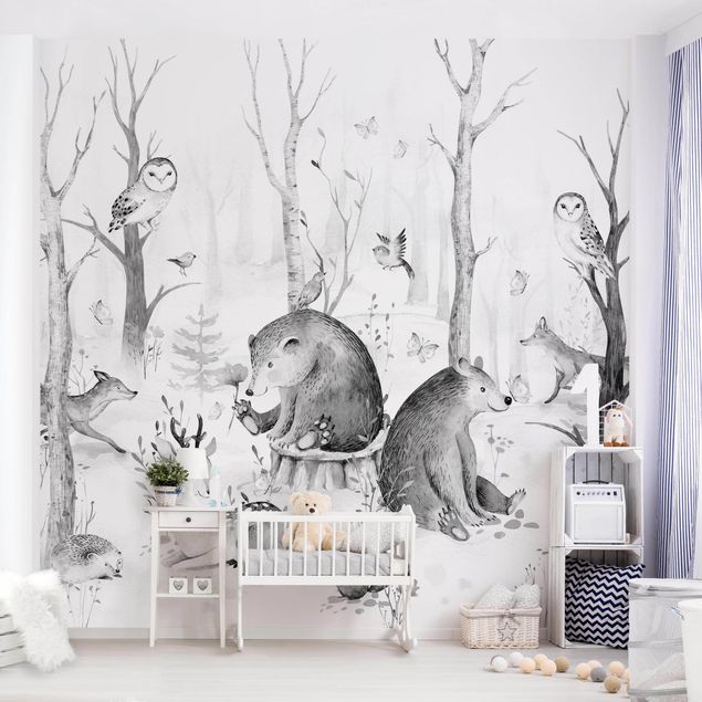 Wallpaper - Watercolour Forest Animal Friends Black And White