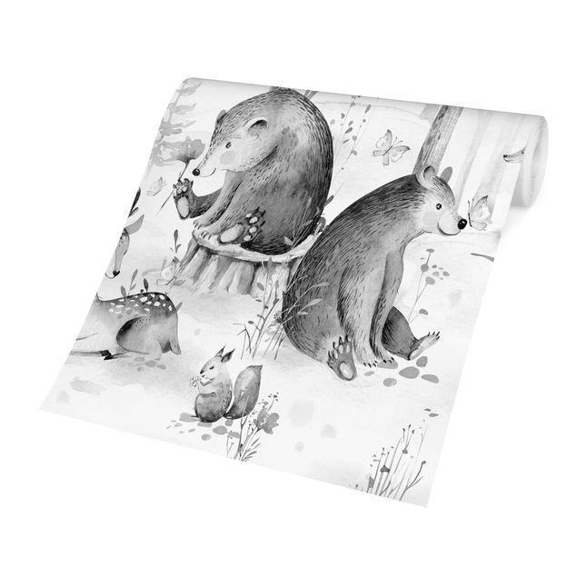 Wallpaper - Watercolour Forest Animal Friends Black And White