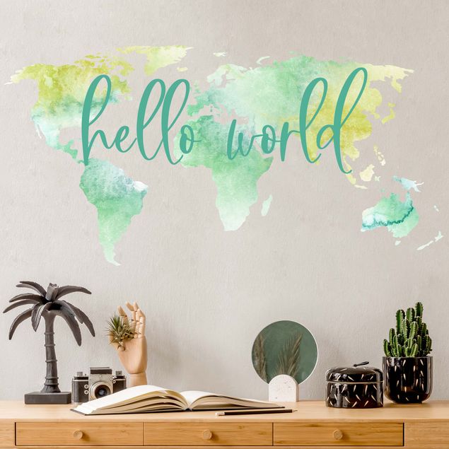 Wall decals quotes Watercolor world map turquoise with desired text