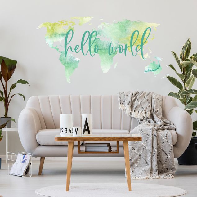 Wall stickers personalized-text Watercolor world map turquoise with desired text
