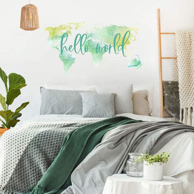 Wall decal Watercolor world map turquoise with desired text