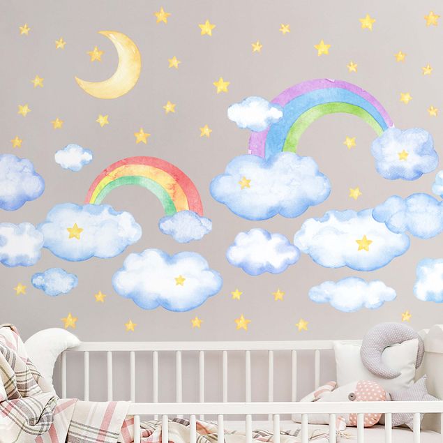 Autocolantes de parede espaço Watercolour Clouds Rainbow Stars Set
