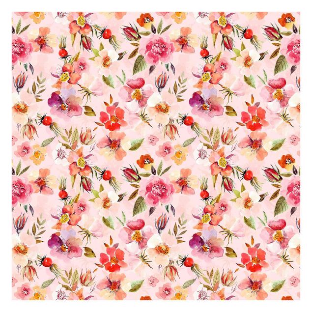 Wallpaper - Watercolour Flowers On Light Pink