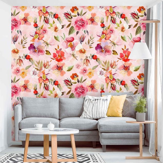 Wallpaper - Watercolour Flowers On Light Pink