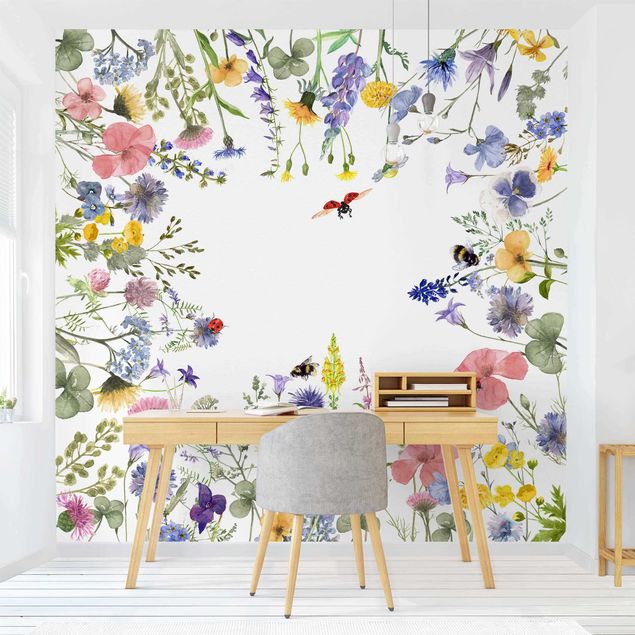 Wallpaper - Watercolour Flowers With Ladybirds
