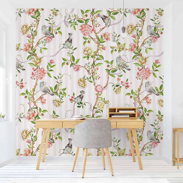 Wallpaper - Watercolour Flower Tendrils With Birds