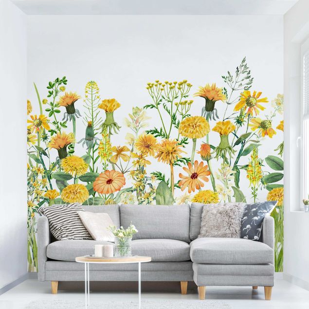 Wallpaper - Watercolour Flower Meadow In Gelb