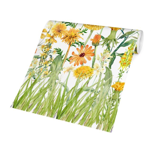 Wallpaper - Watercolour Flower Meadow In Gelb