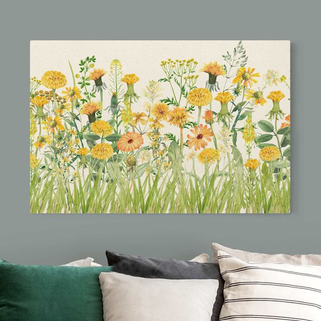 Natural canvas print - Watercolour Flower Meadow In Gelb - Landscape format 3:2