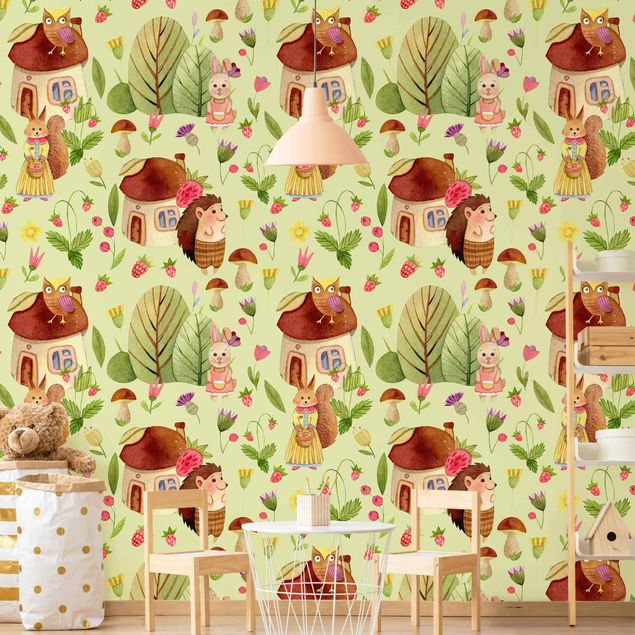 Wallpapers Watercolour Hedgehog With Owl Illustration On Green