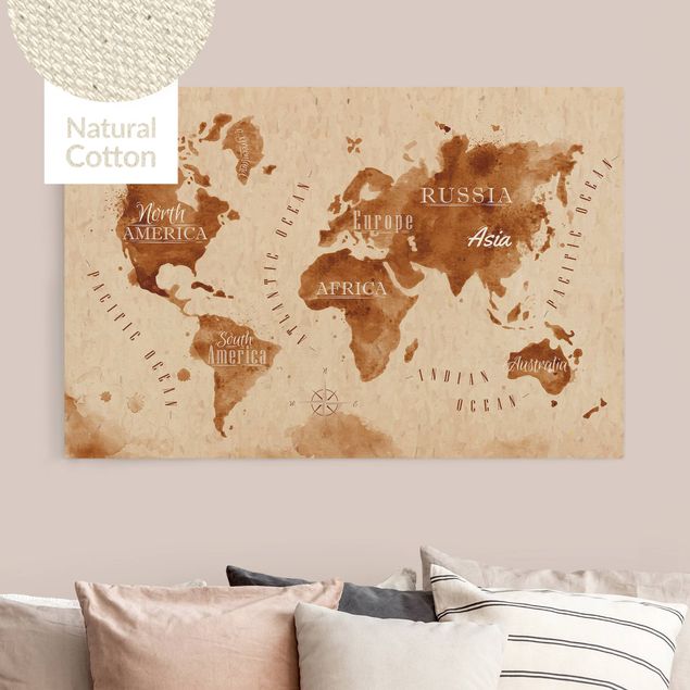 Natural canvas print - Watercolour Look World Map Beige Brown - Landscape format 3:2