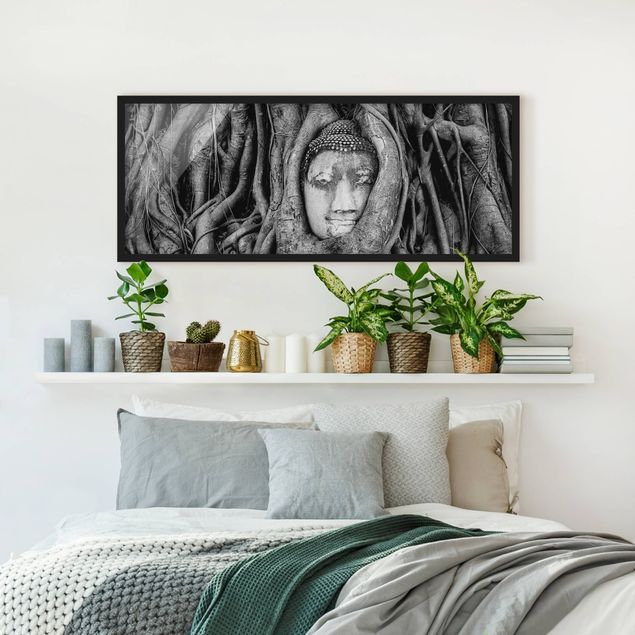 Framed poster - Buddha In Ayutthaya Lined From Tree Roots In Black And White