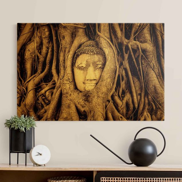 Print on canvas - Buddha In Ayutthaya Lined From Tree Roots In Brown