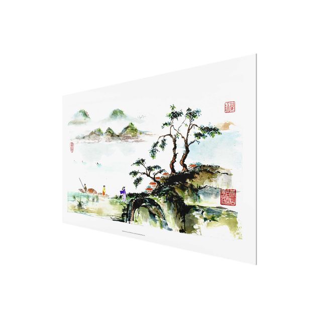 Glass print - Japanese Watercolour Drawing Lake And Mountains