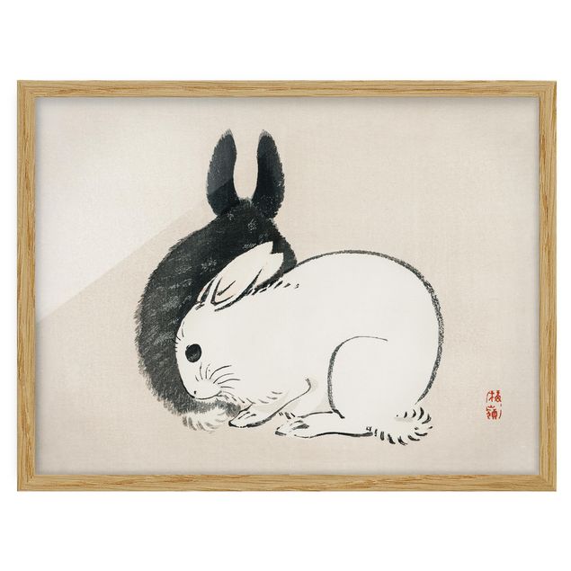 Framed poster - Asian Vintage Drawing Two Bunnies