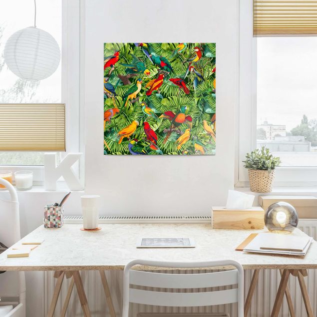 Glass print - Colourful Collage - Parrots In The Jungle