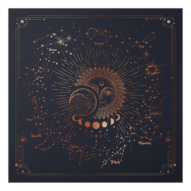Glass print - Astrology Sun Moon And Stars Blue Gold