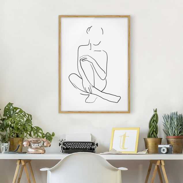 Framed poster - Line Art Woman Sitting Black And White