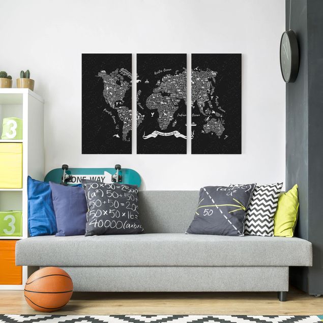 Print on canvas 3 parts - Typography World Map Black