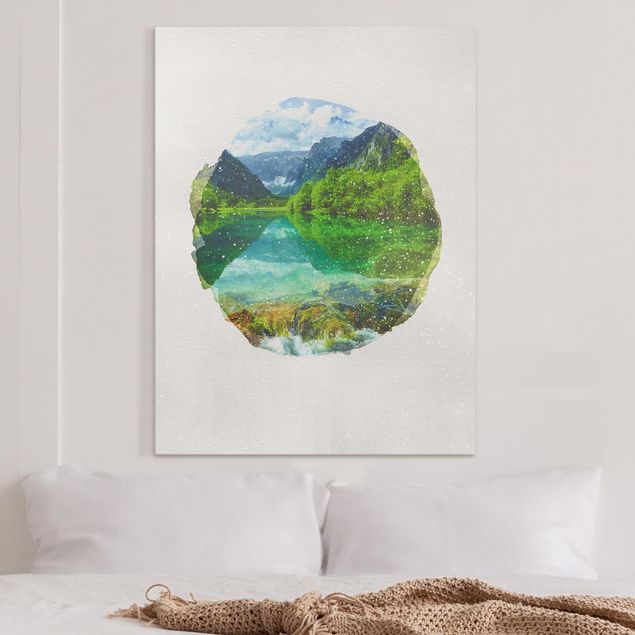 Canvas print - WaterColours - Mountain Lake With Mirroring