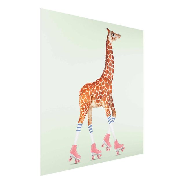 Glass print - Giraffe With Roller Skates