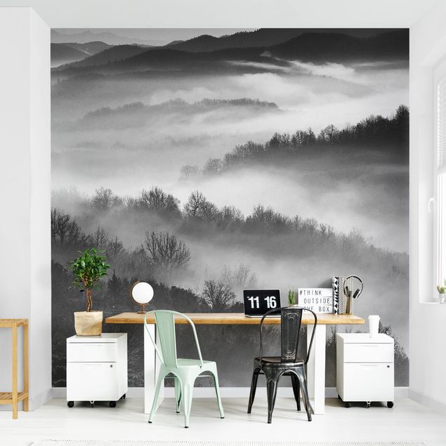 Adhesive wallpaper forest - Fog At Sunset Black And White