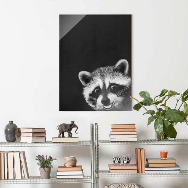 Glas Magnettafel Illustration Racoon Black And White Painting
