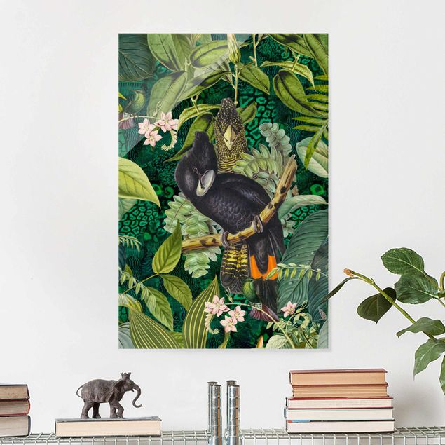 Glas Magnettafel Colourful Collage - Cockatoos In The Jungle