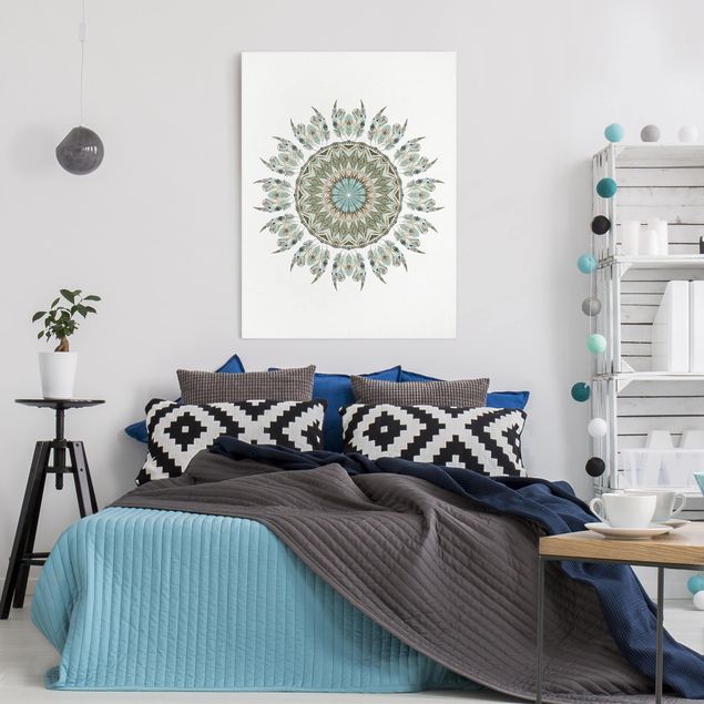 Print on canvas - Mandala WaterColours Feathers Hand Painted Blue Green