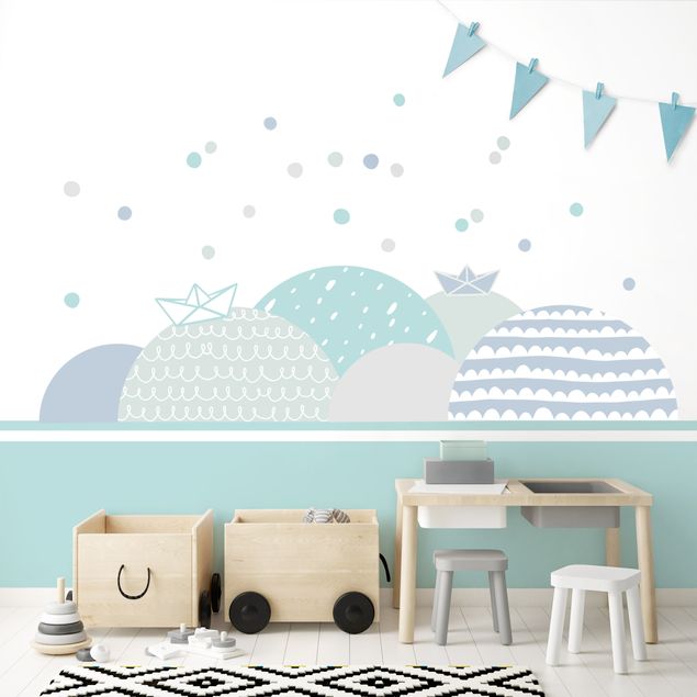 Wall sticker - Mountains boat pastel blue turquoise