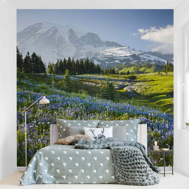 Wallpaper - Mountain Meadow With Blue Flowers in Front of Mt. Rainier