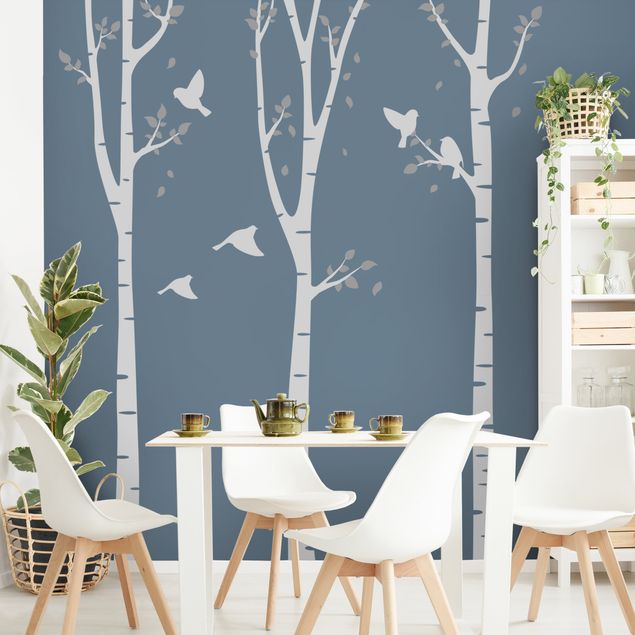Wall stickers trees Birch forest leaves birds gray