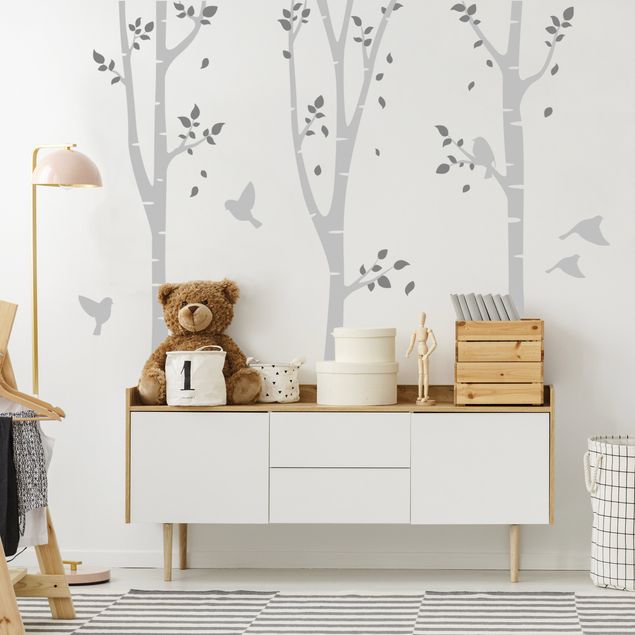 Wall stickers Birch forest leaves birds gray