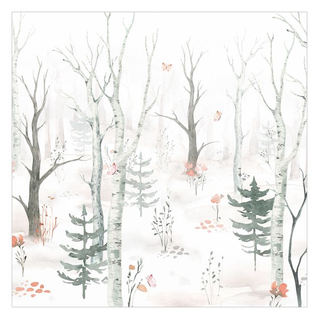Wallpaper - Birch forest with poppies