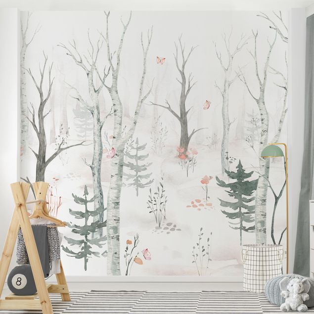 Wallpaper - Birch forest with poppies