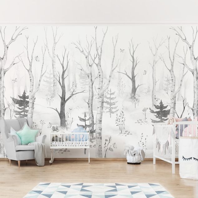 Wallpapers Birch forest with poppies black white