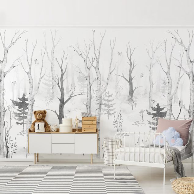 Wallpaper - Birch forest with poppies black white