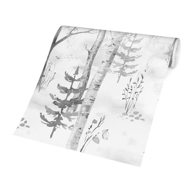 Wallpaper - Birch forest with poppies black white