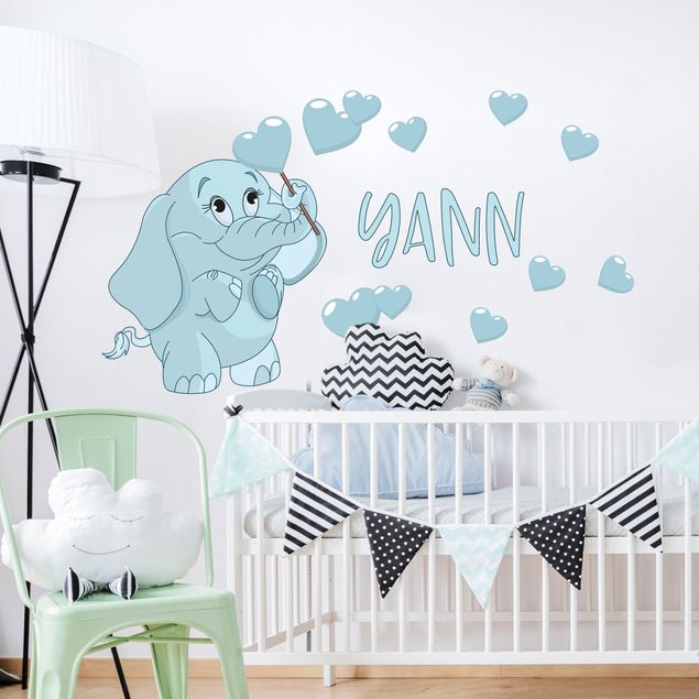 Wall stickers personalized-text Blue baby elephant with many hearts