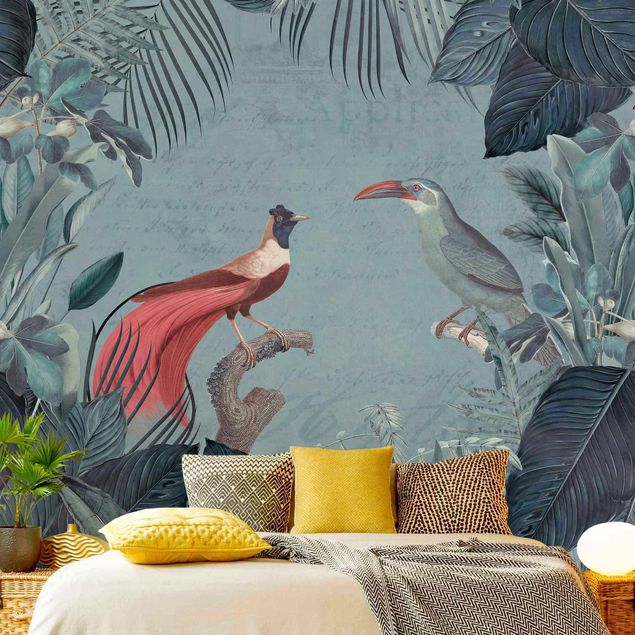 Walpaper - Blue Gray Paradise With Tropical Birds