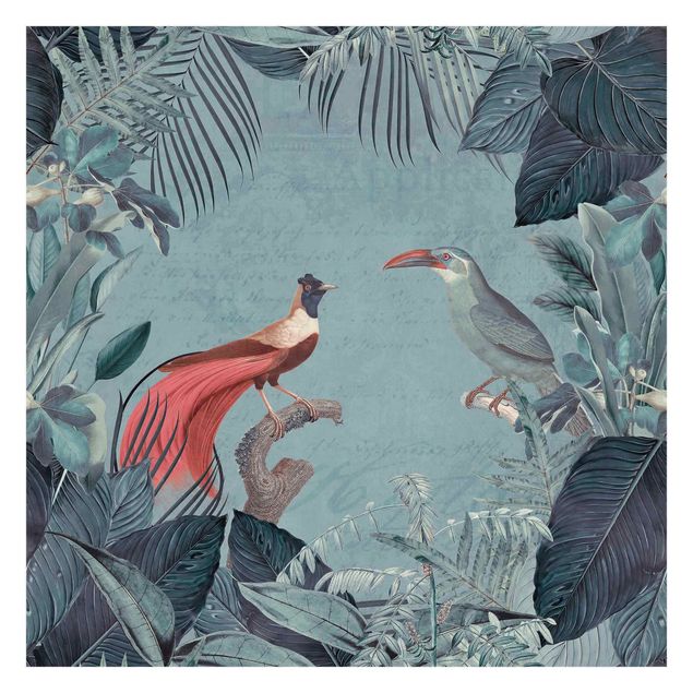 Walpaper - Blue Gray Paradise With Tropical Birds