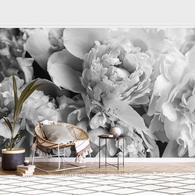 Wallpaper - Blossoming Peonies Black And White
