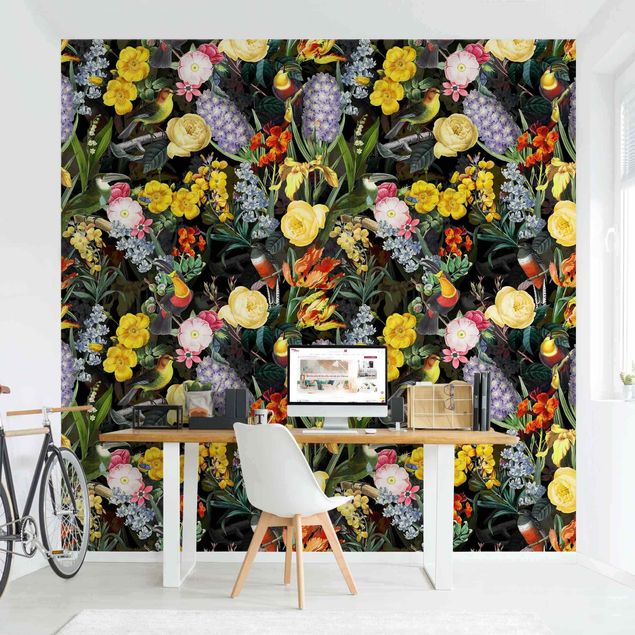 Wallpapers Flowers With Colourful Tropical Birds