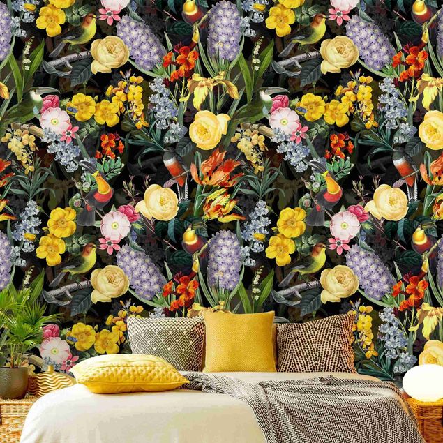 Wallpaper - Flowers With Colourful Tropical Birds
