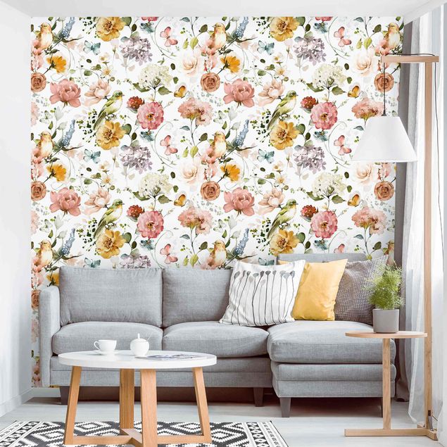 Wallpaper - Flowers and Birds Watercolour Pattern