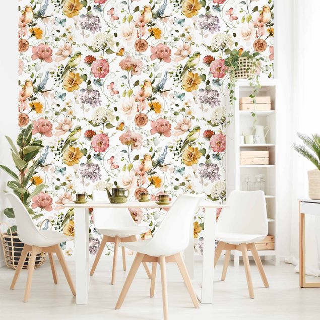 Wallpaper - Flowers and Birds Watercolour Pattern
