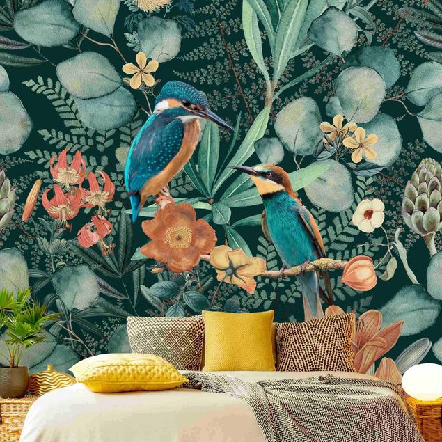 Wallpapers Floral Paradise Kingfisher And Hummingbird